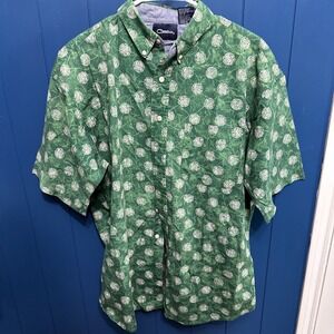 Catalina Mens L Shirt Button‎ Up Short Sleeves Green White Print Front Pocket